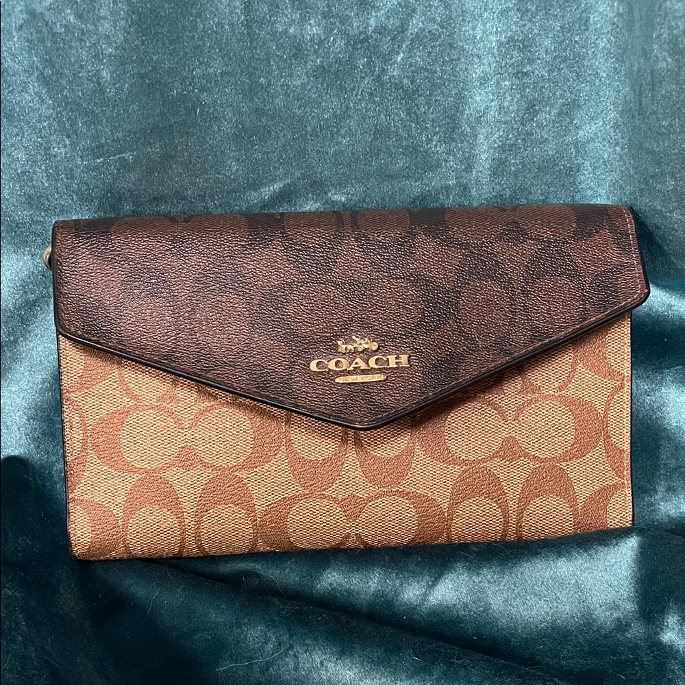Coach Dark Brown and Tan Signature passport Clutch wallet